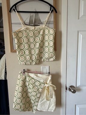 Floral Crochet Two-Piece Set in Cream & Sage Green TNS